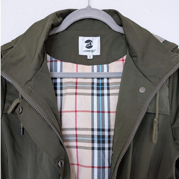 Saphirose Long Anorak Jacket Plaid Lined Olive Green Size S - Picture 5 of 9